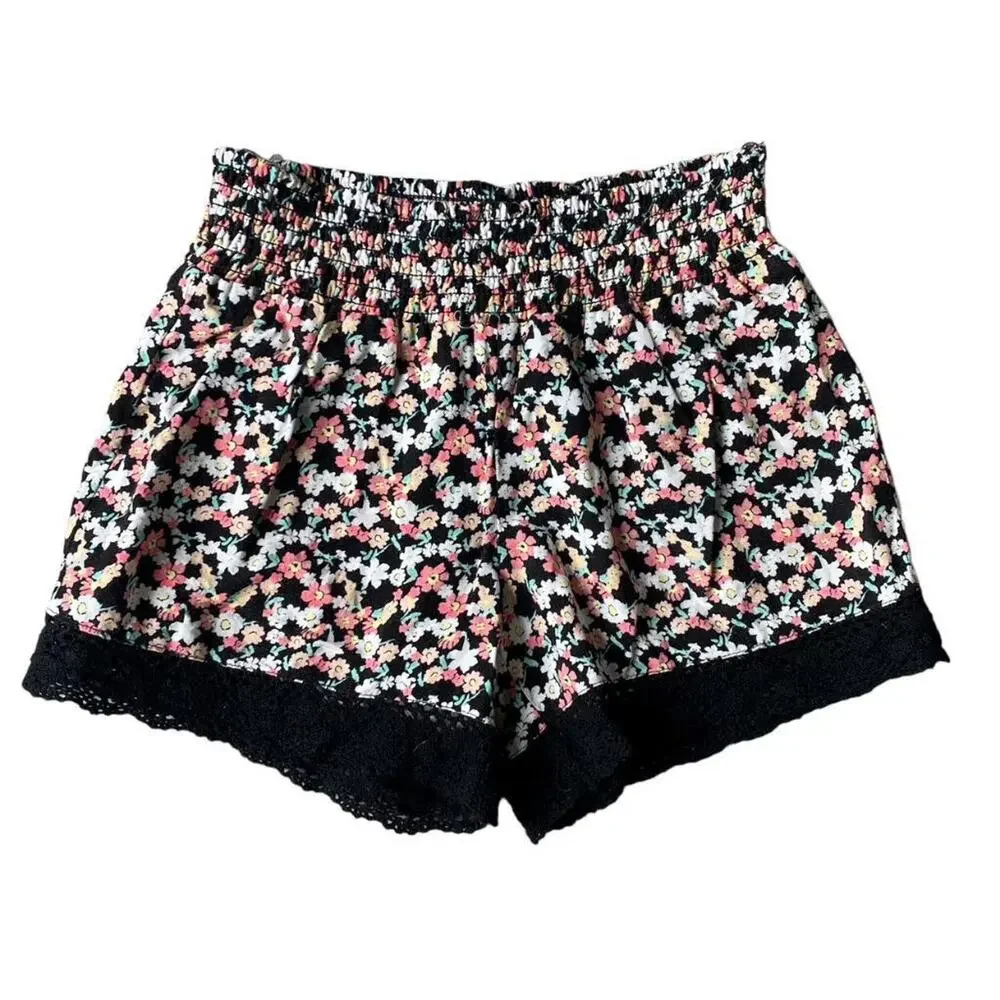Girls 10 Justice Black White Pink Floral Lace Stretch Spring Summer Shorts
